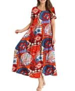 Women Floral Long Dress Short Sleeve