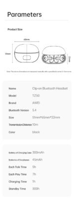 AWEI TZ50 Open-Ear Earbuds with LED Display - Black - View 12