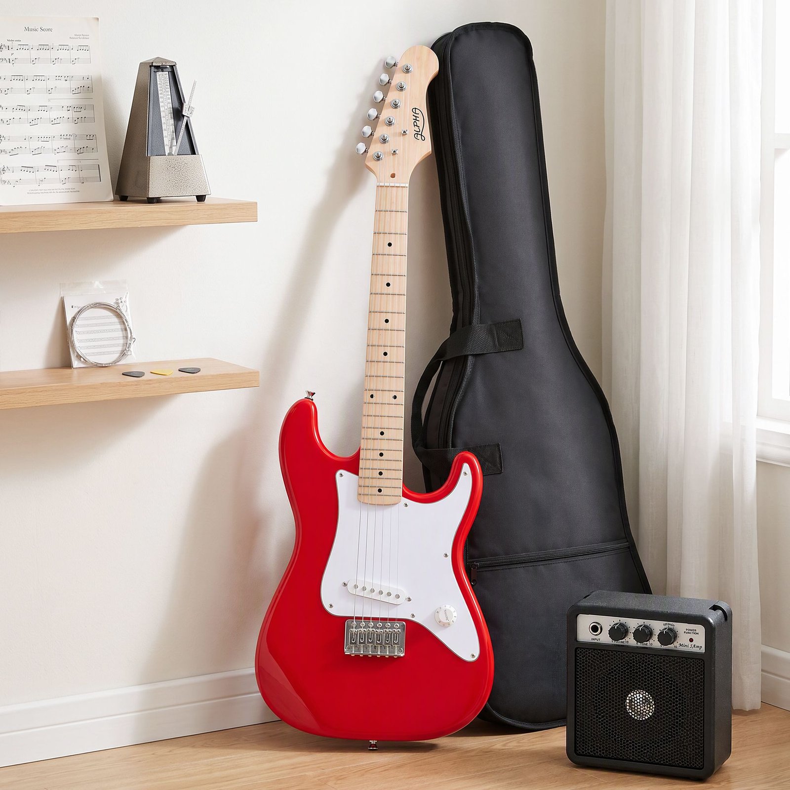 GUITAR-E-30-ELEC-3W-RD-00.jpg Alpha 30 Inch Junior Electric Guitar Beginner Set with 3W Mini Amp Carry Bag and Accessories Red - Image 1