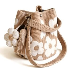 White handmade-style crochet flower tote bag for women – main product image