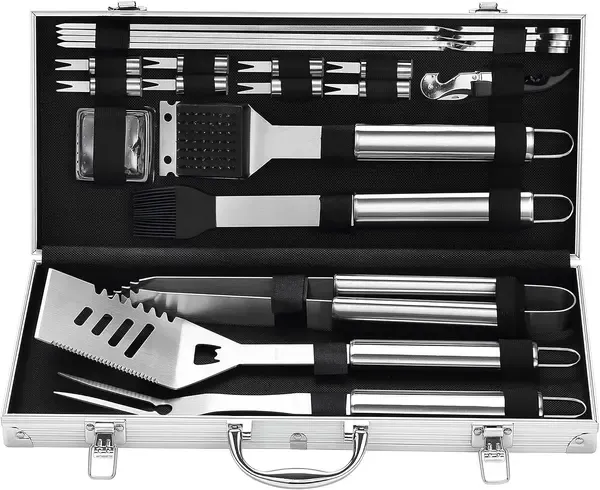 20-piece stainless steel BBQ tool set with aluminium case