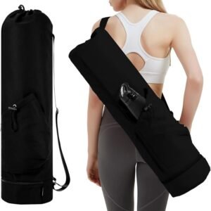 Black yoga mat bag with wet pocket and adjustable shoulder strap – main product image