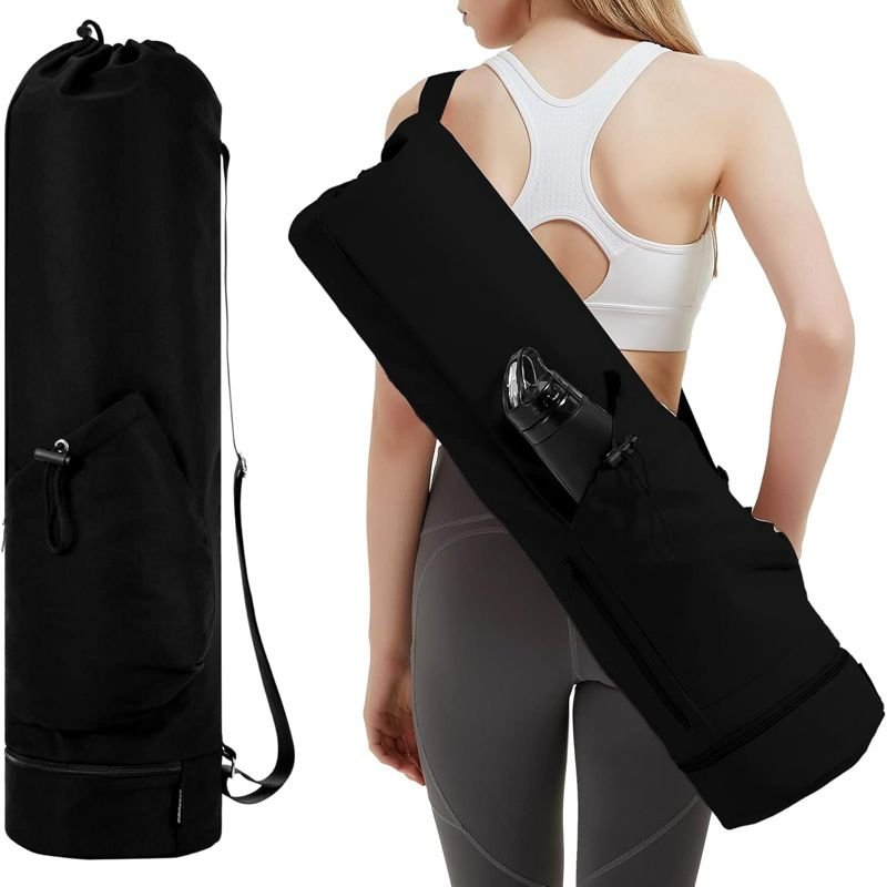 Black yoga mat bag with wet pocket and adjustable shoulder strap – main product image