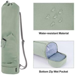 Black yoga mat bag with wet pocket and adjustable shoulder strap – product gallery image 1