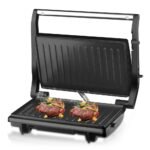 Versatile electric grill and panini press in silver – main product image