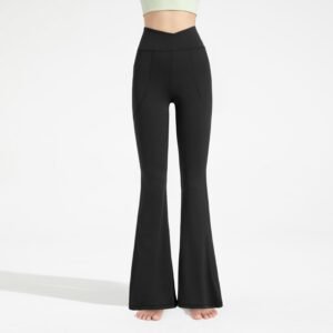 Women's black flare yoga pants with crossover waistband and side pockets, size XL – main product image