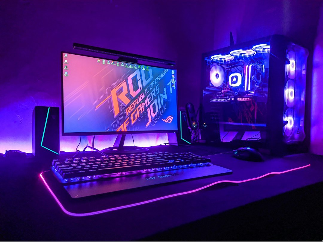 Gaming computer setup with keyboard and monitor for a gaming accessories guide